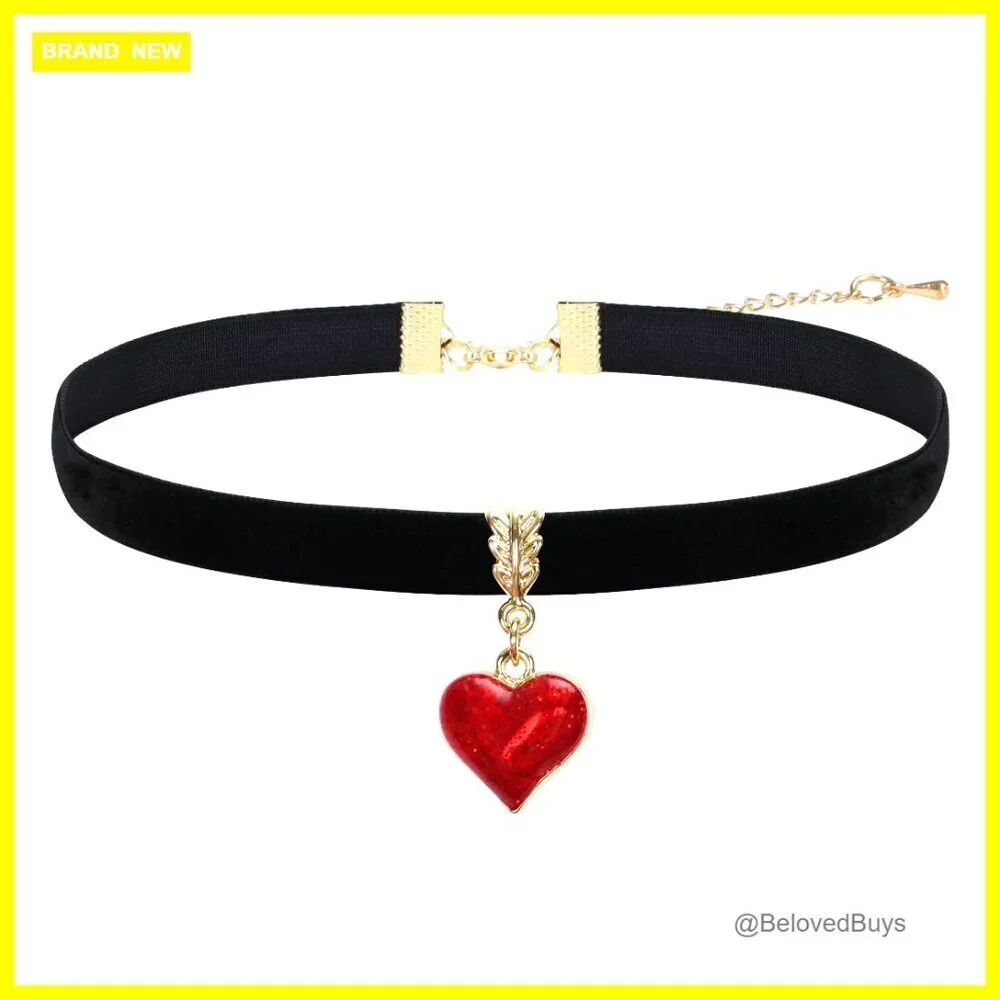 Vintage Velvet Choker Necklace Adjustable 10-14 Inches Heart Pendant